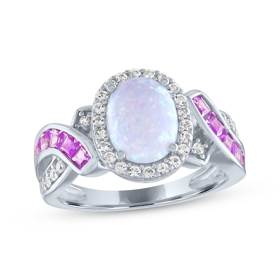 Oval-Cut Lab-Created Opal, Pink & White Lab-Created Sapphire Ring Sterling Silver