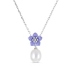 Thumbnail Image 0 of Cultured Pearl & Purple Enamel Flower Drop Necklace Sterling Silver 18"