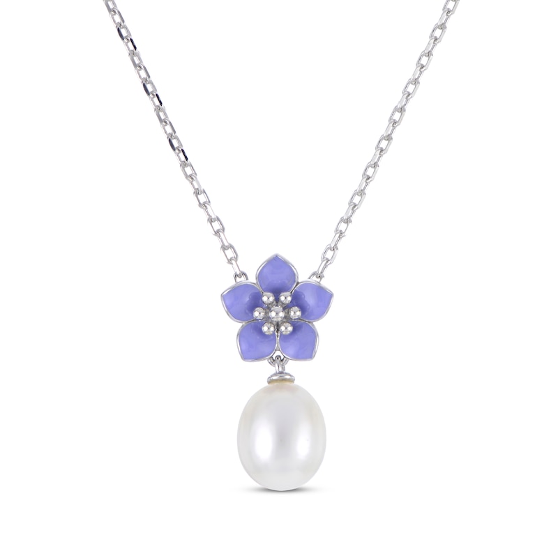 Cultured Pearl & Purple Enamel Flower Drop Necklace Sterling Silver 18"