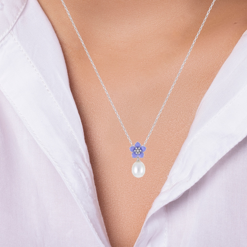 Cultured Pearl & Purple Enamel Flower Drop Necklace Sterling Silver 18"
