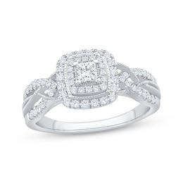 Princess-Cut Diamond Double Cushion Halo Engagement Ring 1/2 ct tw 10K White Gold