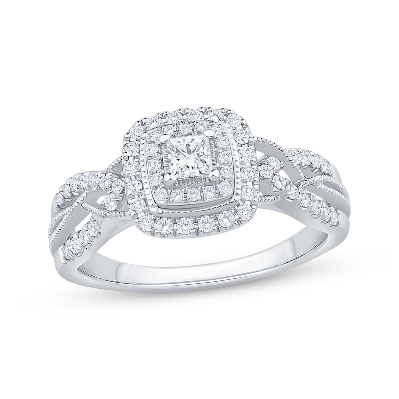 Main Image 1 of Princess-Cut Diamond Double Cushion Halo Engagement Ring 1/2 ct tw 10K White Gold