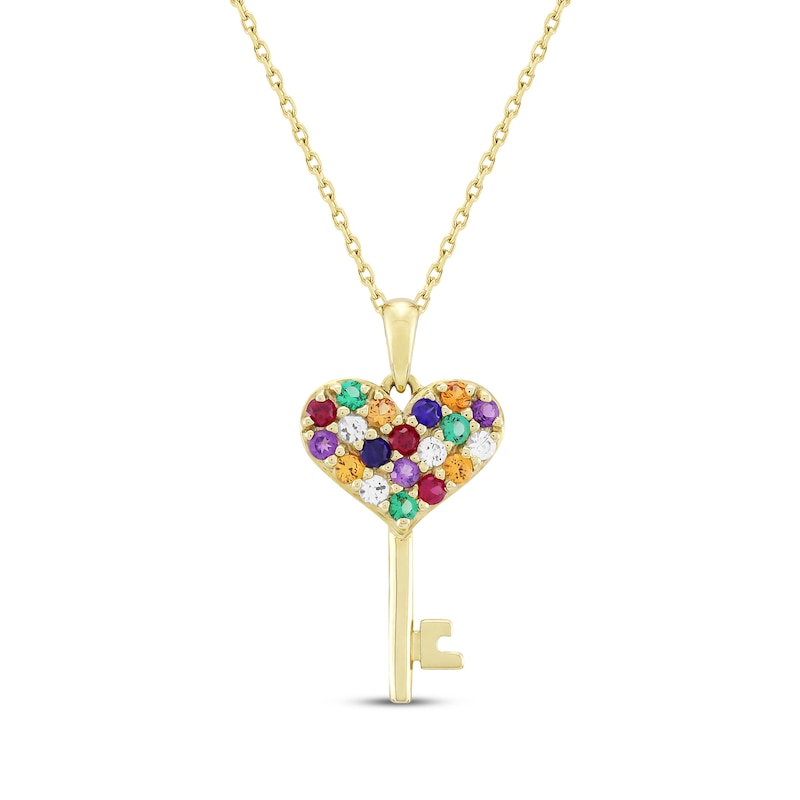 Main Image 1 of Natural & Lab-Created Gemstone Multicolor Heart Key Necklace 10K Yellow Gold 18&quot;