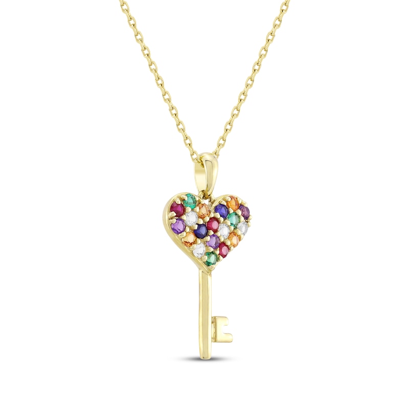 Main Image 2 of Natural & Lab-Created Gemstone Multicolor Heart Key Necklace 10K Yellow Gold 18&quot;