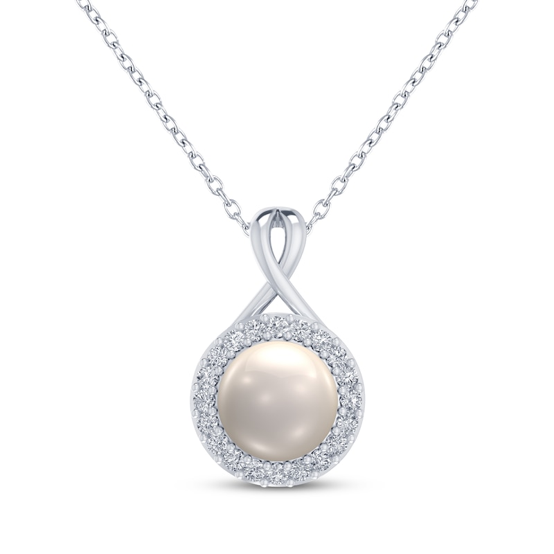 Main Image 1 of Cultured Pearl & White Lab-Created Sapphire Halo Twist Necklace Sterling Silver 18&quot;