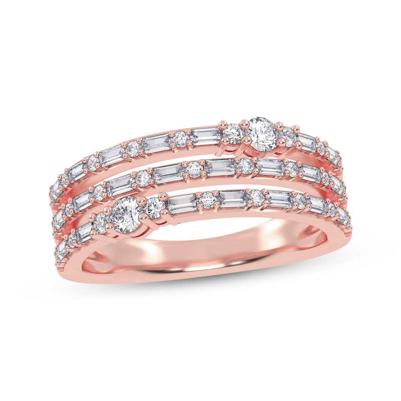 Main Image 1 of Baguette & Round-Cut Diamond Three-Row Faux-Stack Ring 1/2 ct tw 14K Rose Gold