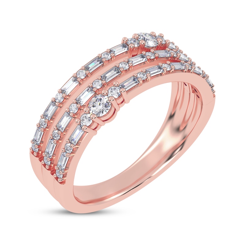 Main Image 2 of Baguette & Round-Cut Diamond Three-Row Faux-Stack Ring 1/2 ct tw 14K Rose Gold