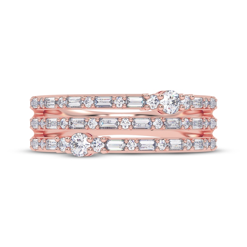 Main Image 3 of Baguette & Round-Cut Diamond Three-Row Faux-Stack Ring 1/2 ct tw 14K Rose Gold