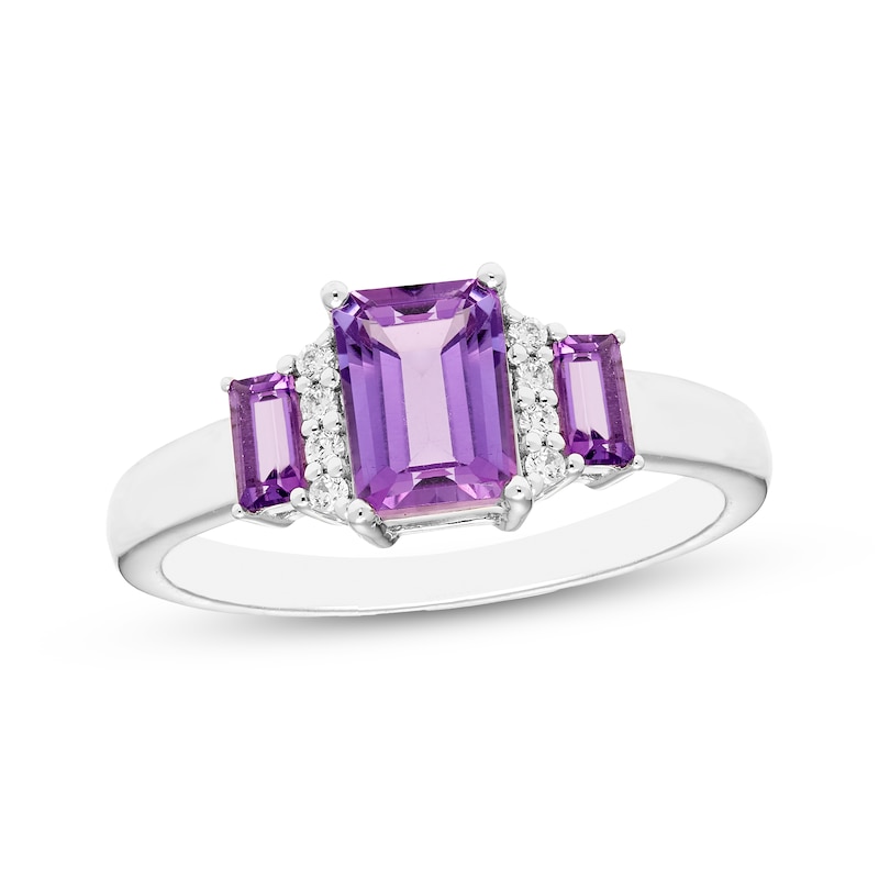 Main Image 1 of Memories Moments Magic Emerald-Cut Amethyst & Diamond Three-Stone Ring 1/20 ct tw Sterling Silver