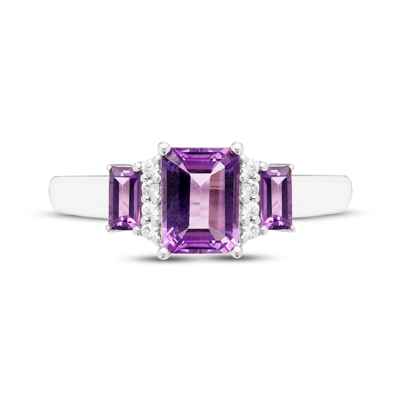 Main Image 3 of Memories Moments Magic Emerald-Cut Amethyst & Diamond Three-Stone Ring 1/20 ct tw Sterling Silver