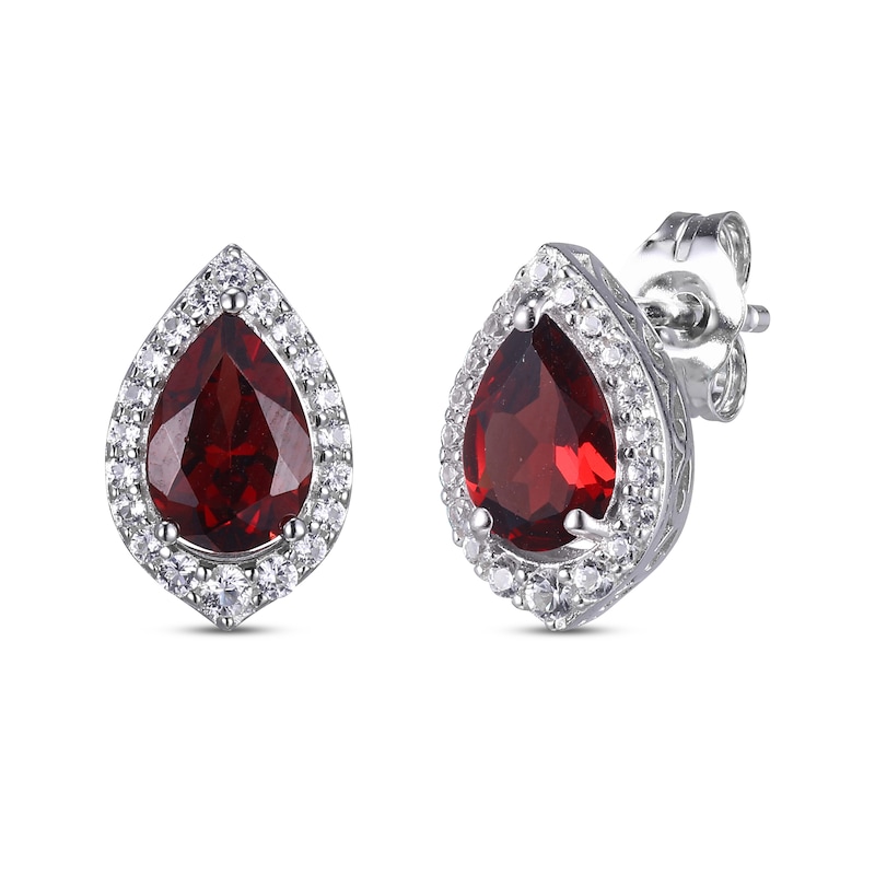 Main Image 4 of Pear-Shaped Garnet & Round-Cut White Lab-Created Sapphire Stud Earrings, Necklace & Ring Gift Set Sterling Silver 18&quot; - Size 7