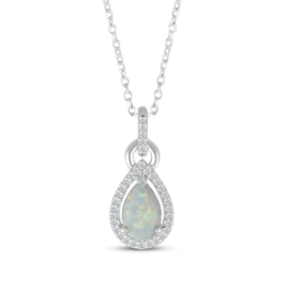 Pear-Shaped Lab-Created Opal & Diamond Necklace 1/10 ct tw Sterling Silver 18&quot;