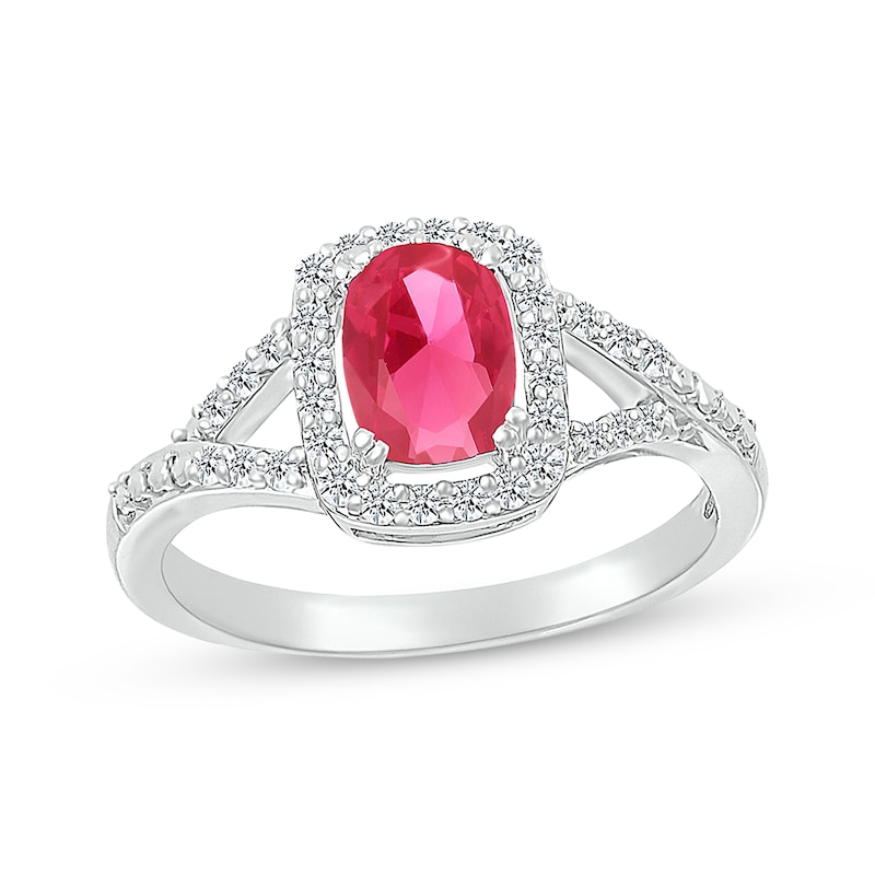 Main Image 1 of Cushion-Cut Lab-Created Ruby & White Lab-Created Sapphire Halo Split Shank Ring Sterling Silver