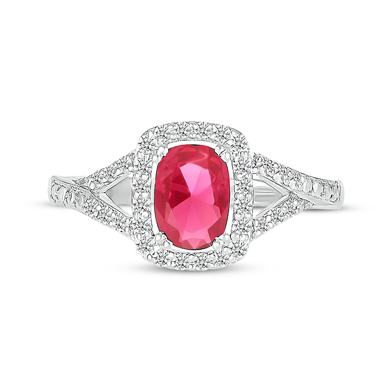 Main Image 3 of Cushion-Cut Lab-Created Ruby & White Lab-Created Sapphire Halo Split Shank Ring Sterling Silver