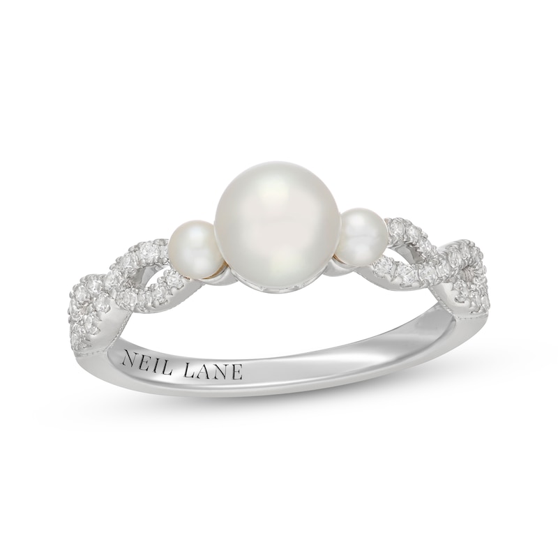 Main Image 1 of Neil Lane Cultured Akoya Pearl & Diamond Three-Stone Engagement Ring 1/4 ct tw 14K White Gold