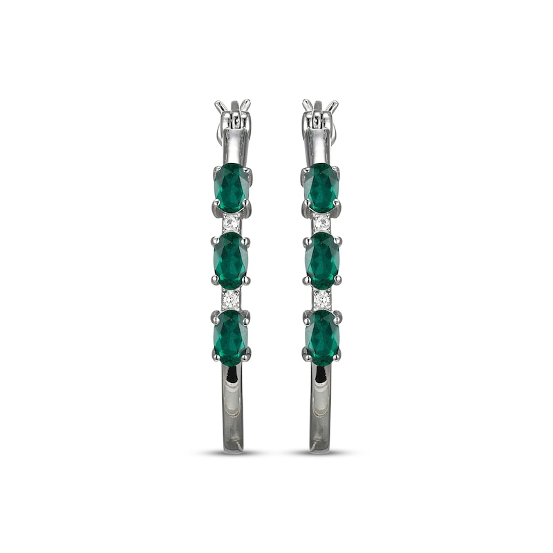 Oval-Cut Lab-Created Emerald & White Lab-Created Sapphire Hoop Earrings Sterling Silver