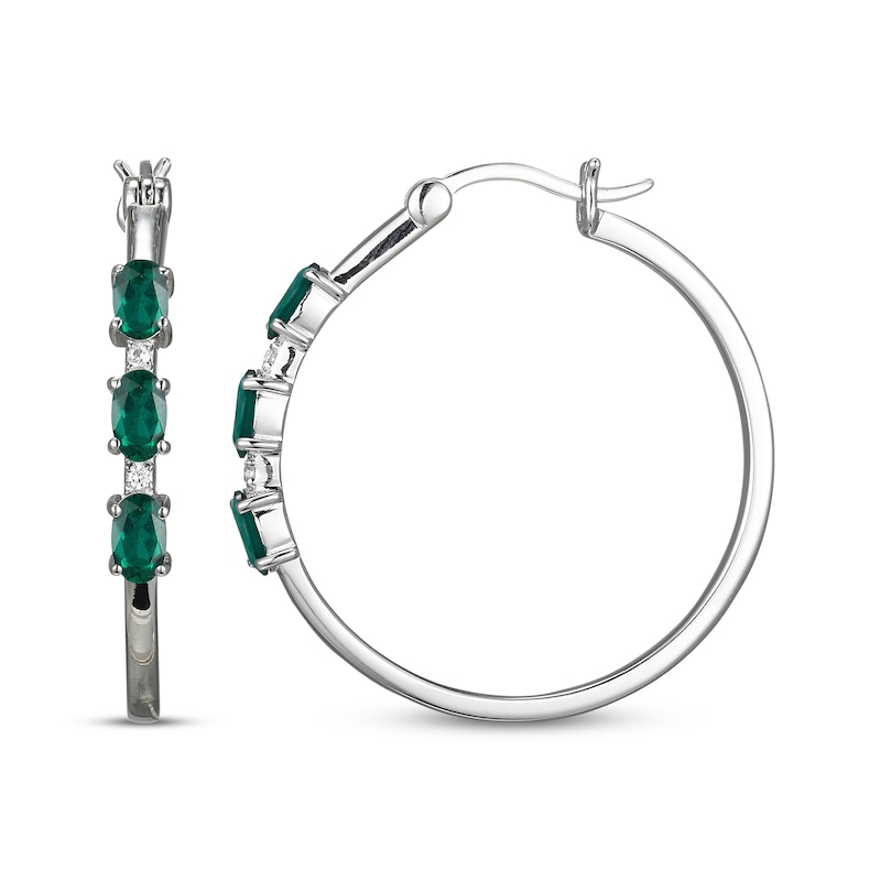 Oval-Cut Lab-Created Emerald & White Lab-Created Sapphire Hoop Earrings Sterling Silver