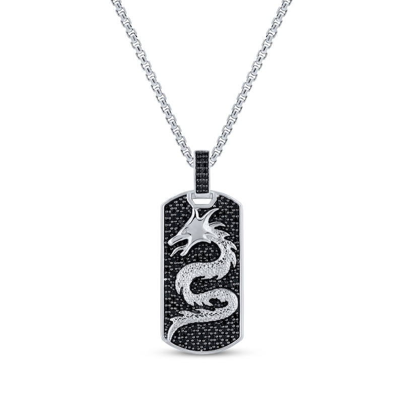 Main Image 1 of Men's Black Diamond Dragon Dog Tag Necklace 1 ct tw Sterling Silver 22&quot;