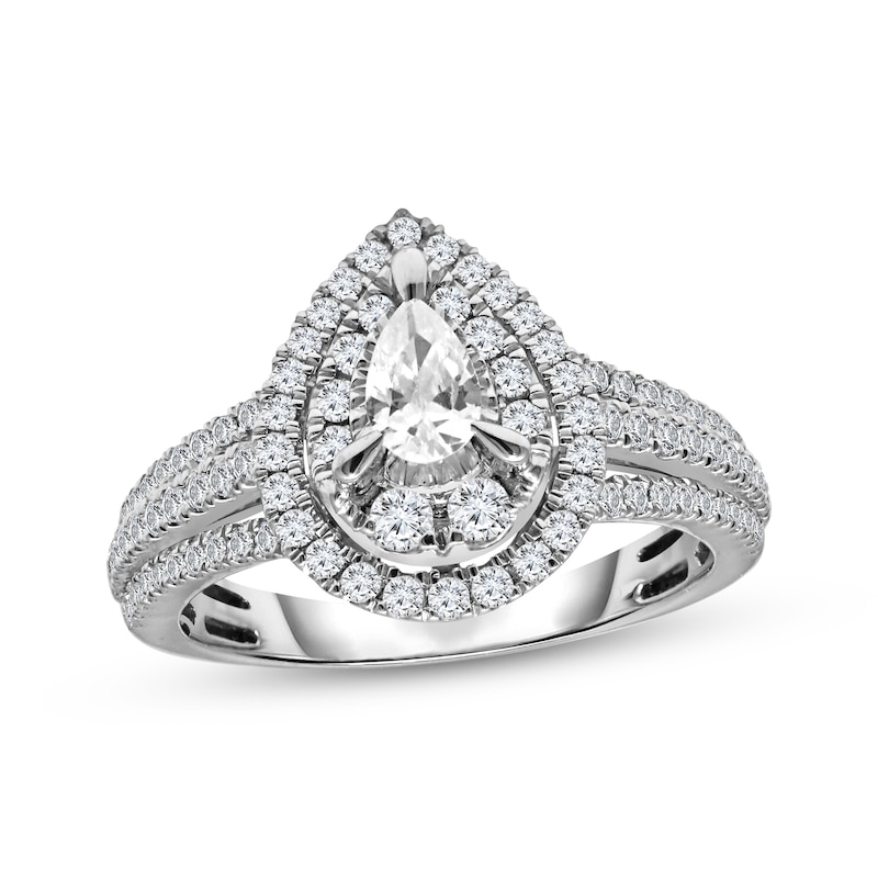 Main Image 1 of Pear-Shaped Diamond Double-Halo Engagement Ring 1 ct tw 14K White Gold