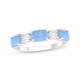 Oval-Cut Blue Lab-Created Opal & White Lab-Created Sapphire Ring Sterling Silver