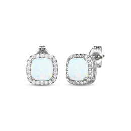 Cushion-Cut Lab-Created Opal & White Lab-Created Sapphire Stud Earrings Sterling Silver