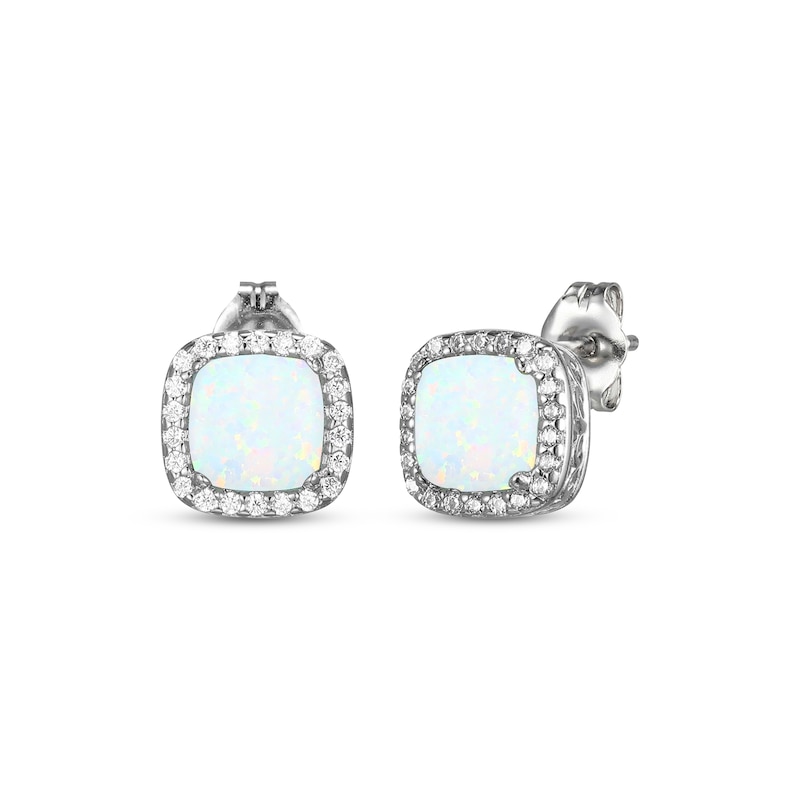 Main Image 1 of Cushion-Cut Lab-Created Opal & White Lab-Created Sapphire Stud Earrings Sterling Silver