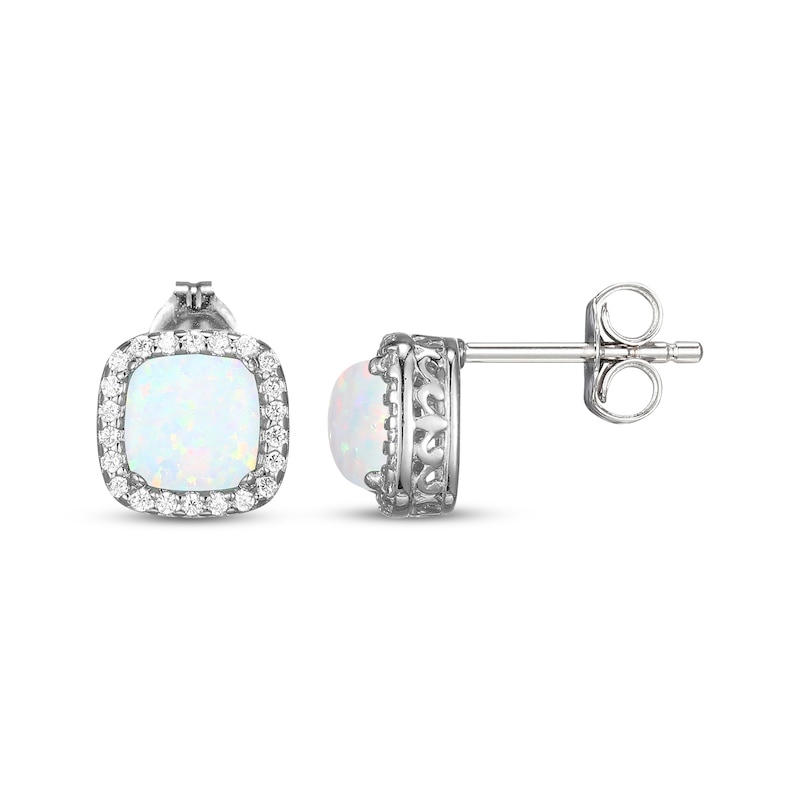 Main Image 3 of Cushion-Cut Lab-Created Opal & White Lab-Created Sapphire Stud Earrings Sterling Silver