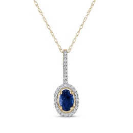 Oval-Cut Natural Blue Sapphire & Diamond Halo Drop Necklace 1/10 ct tw 10K Yellow Gold 18&quot;