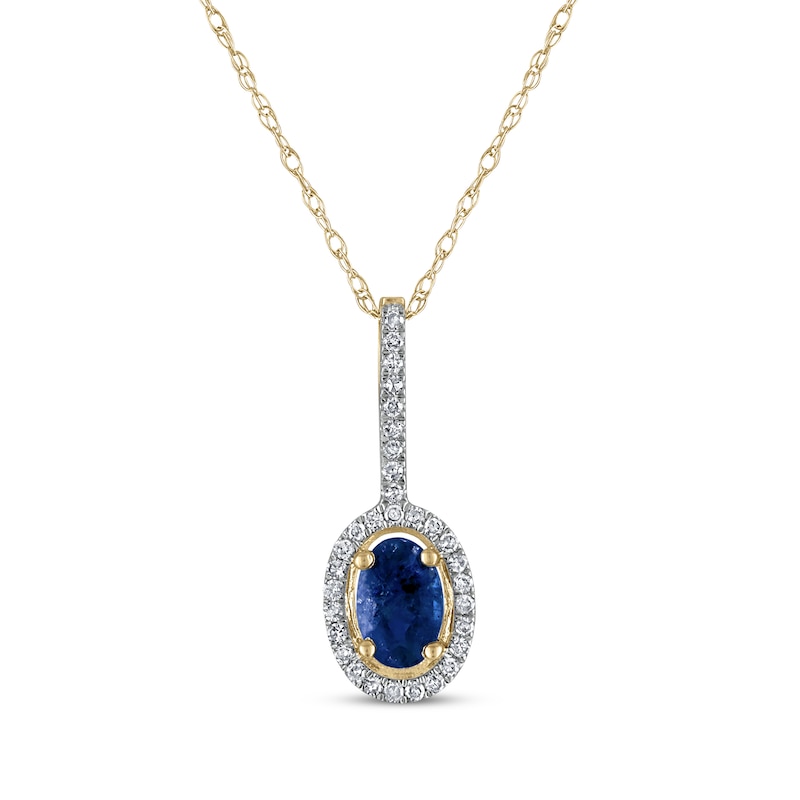 Main Image 1 of Oval-Cut Natural Blue Sapphire & Diamond Halo Drop Necklace 1/10 ct tw 10K Yellow Gold 18&quot;