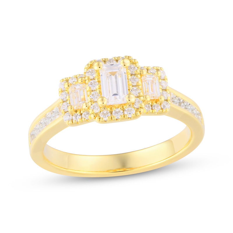 Emerald-Cut Diamond Three-Stone Halo Engagement Ring 1 ct tw 14K Yellow Gold
