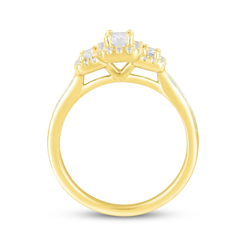 Emerald-Cut Diamond Three-Stone Halo Engagement Ring 1 ct tw 14K Yellow Gold