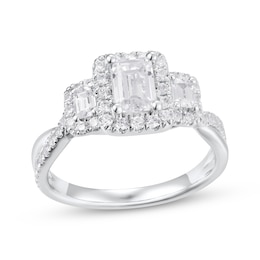 Adore Emerald-Cut Diamond Three-Stone Halo Engagement Ring 1-1/3 ct tw 18K White Gold