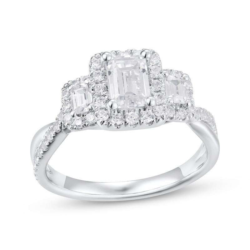 Main Image 1 of Emerald-Cut Diamond Three-Stone Halo Engagement Ring 1-1/3 ct tw 18K White Gold