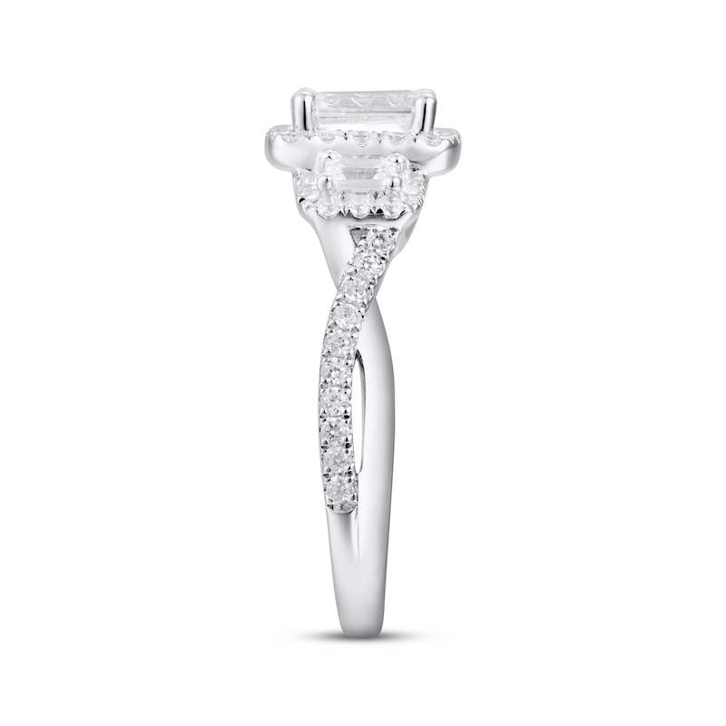 Main Image 2 of Emerald-Cut Diamond Three-Stone Halo Engagement Ring 1-1/3 ct tw 18K White Gold