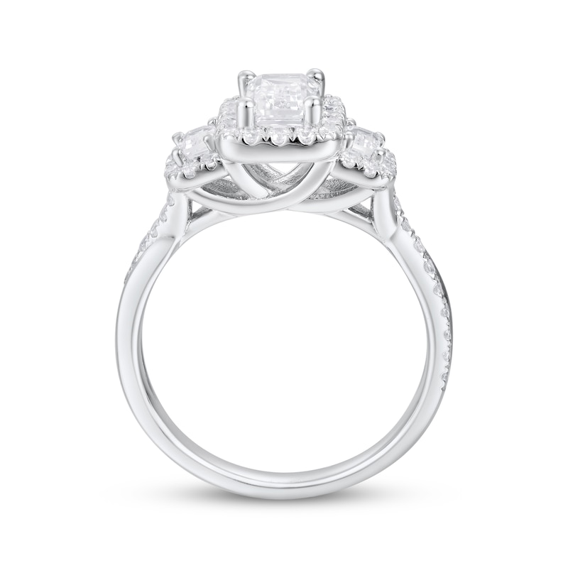 Main Image 3 of Emerald-Cut Diamond Three-Stone Halo Engagement Ring 1-1/3 ct tw 18K White Gold