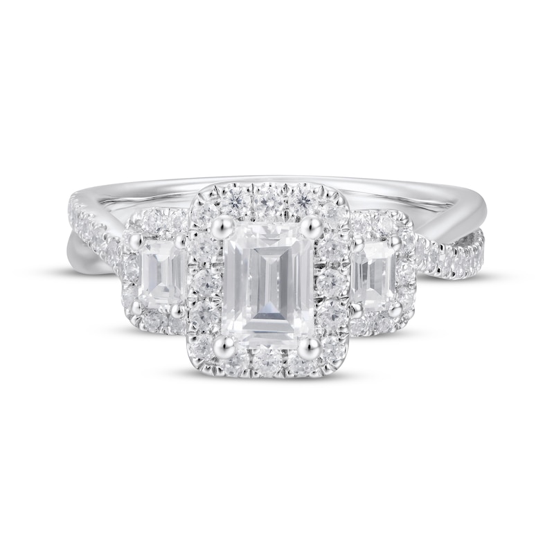 Main Image 4 of Emerald-Cut Diamond Three-Stone Halo Engagement Ring 1-1/3 ct tw 18K White Gold