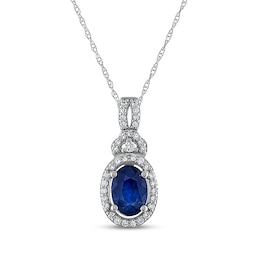 Oval-Cut Natural Blue Sapphire & Diamond Necklace 1/8 ct tw 14K White Gold 18&quot;