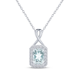 Octagon-Cut Aquamarine & White Lab-Created Sapphire Necklace Sterling Silver 18&quot;