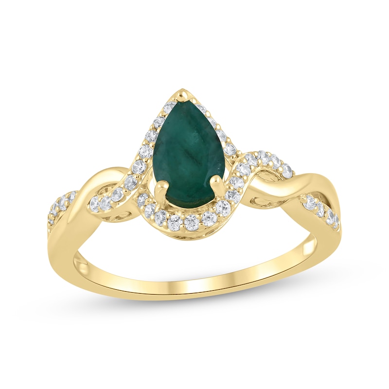 Main Image 1 of Pear-Shaped Natural Emerald & Diamond Twist Ring 1/5 ct tw 14K Yellow Gold