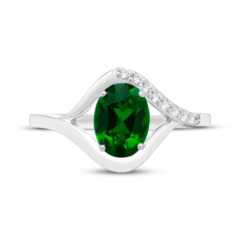 Main Image 3 of Oval-Cut Lab-Created Emerald & White Lab-Created Sapphire Ring Sterling Silver