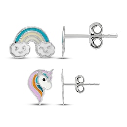 Children's Enamel Rainbow & Unicorn Stud Earrings Sterling Silver