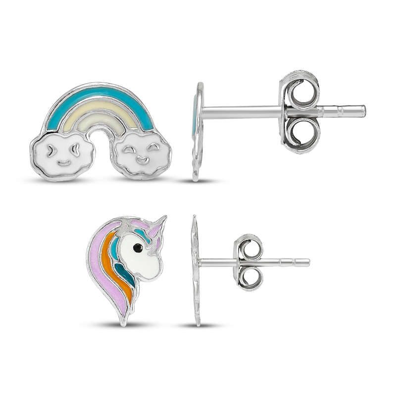 Main Image 1 of Children's Enamel Rainbow & Unicorn Stud Earrings Sterling Silver