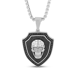 Men's Black Diamond Skull Shield Necklace 1/2 ct tw Stainless Steel & Black Ion Plating 24&quot;