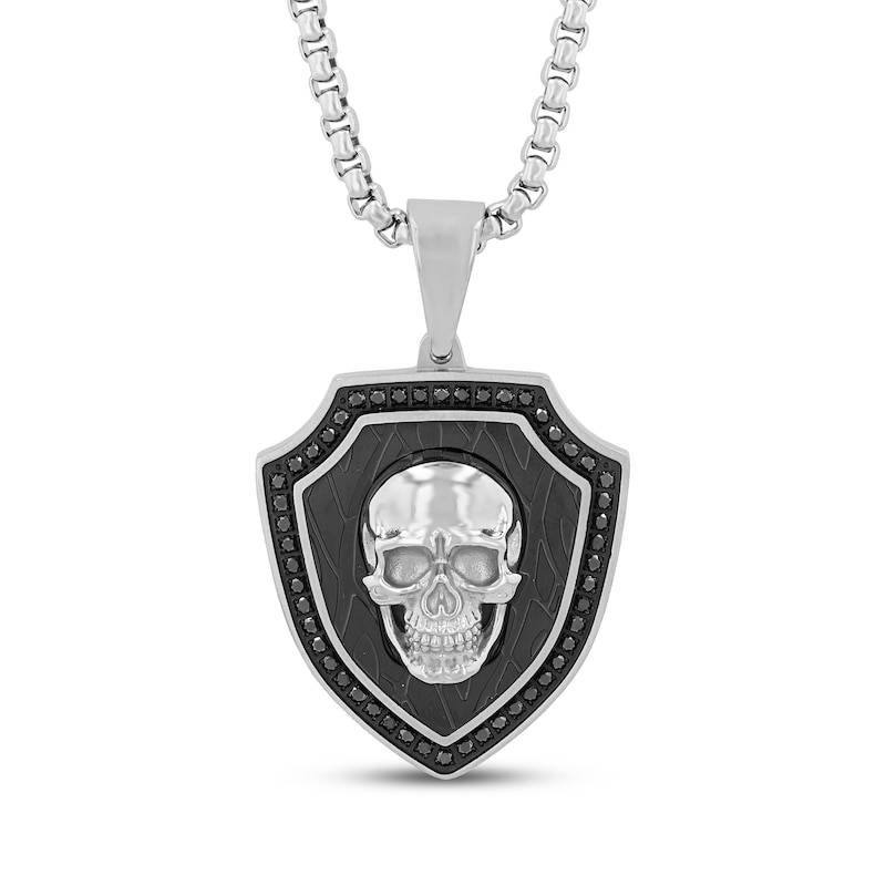 Main Image 1 of Men's Black Diamond Skull Shield Necklace 1/2 ct tw Stainless Steel & Black Ion Plating 24&quot;