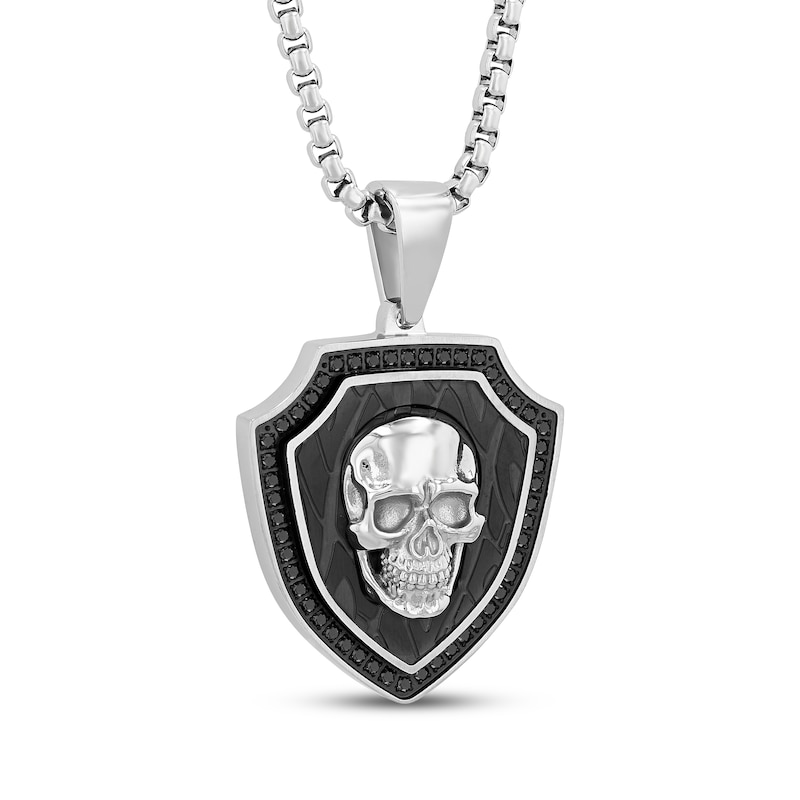 Main Image 2 of Men's Black Diamond Skull Shield Necklace 1/2 ct tw Stainless Steel & Black Ion Plating 24&quot;