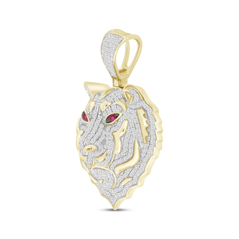 Main Image 2 of Men's Diamond & Lab-Created Ruby Tiger Charm 7/8 ct tw Round-cut 10K Yellow Gold