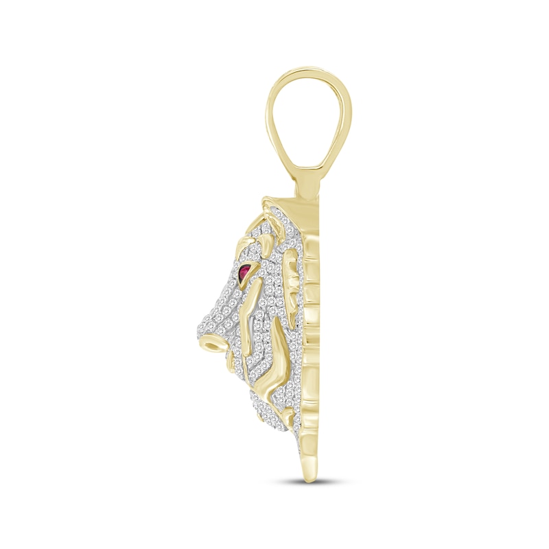 Main Image 3 of Men's Diamond & Lab-Created Ruby Tiger Charm 7/8 ct tw Round-cut 10K Yellow Gold