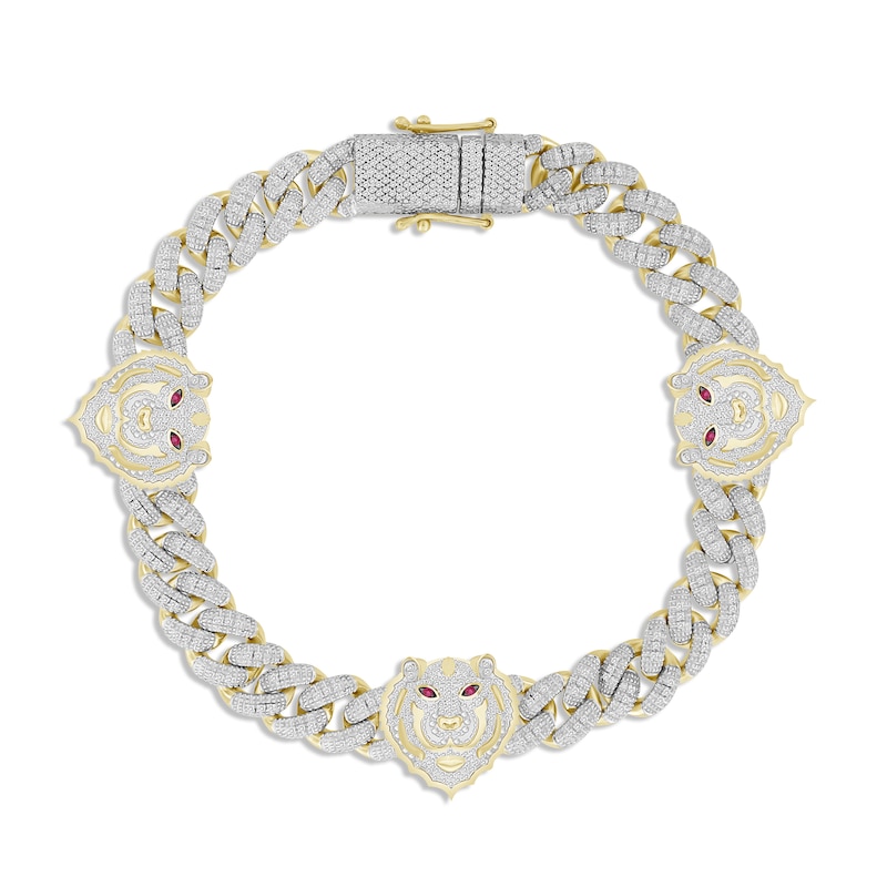 Main Image 1 of Men's Diamond & Lab-Created Ruby Tiger Head Bracelet 1-1/4 ct tw 10K Yellow Gold 8.5&quot;