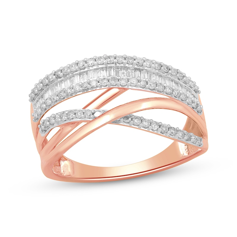 Main Image 1 of Baguette & Round-Cut Diamond Multi-Row Crossover Ring 1/2 ct tw 10K Rose Gold