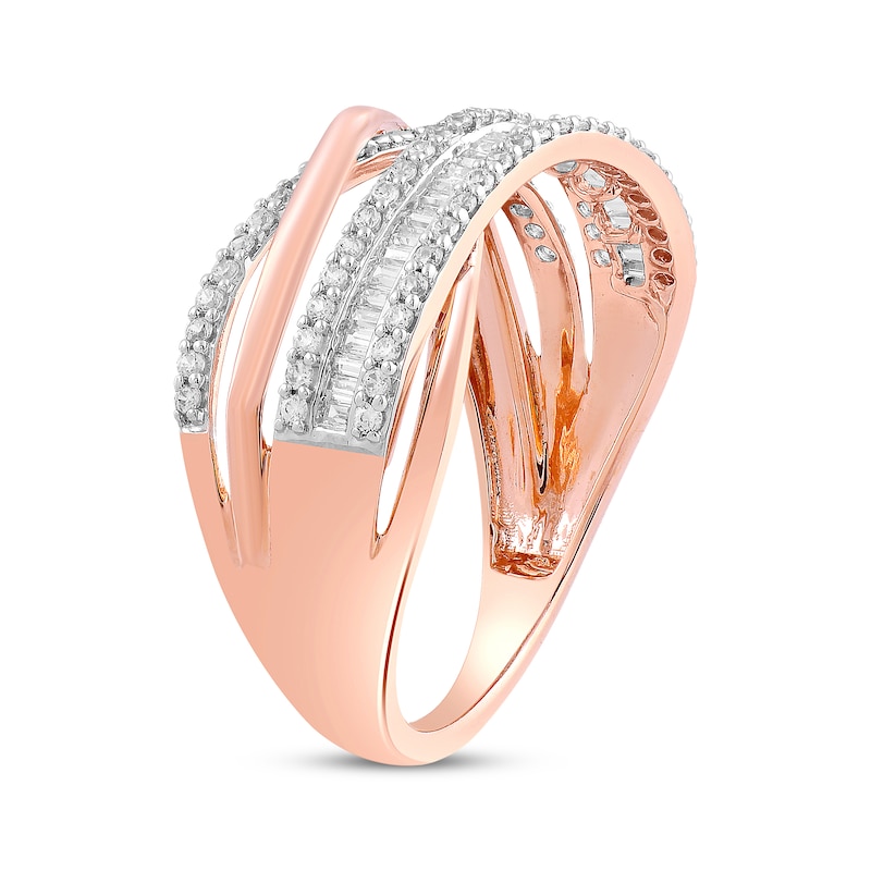 Main Image 2 of Baguette & Round-Cut Diamond Multi-Row Crossover Ring 1/2 ct tw 10K Rose Gold